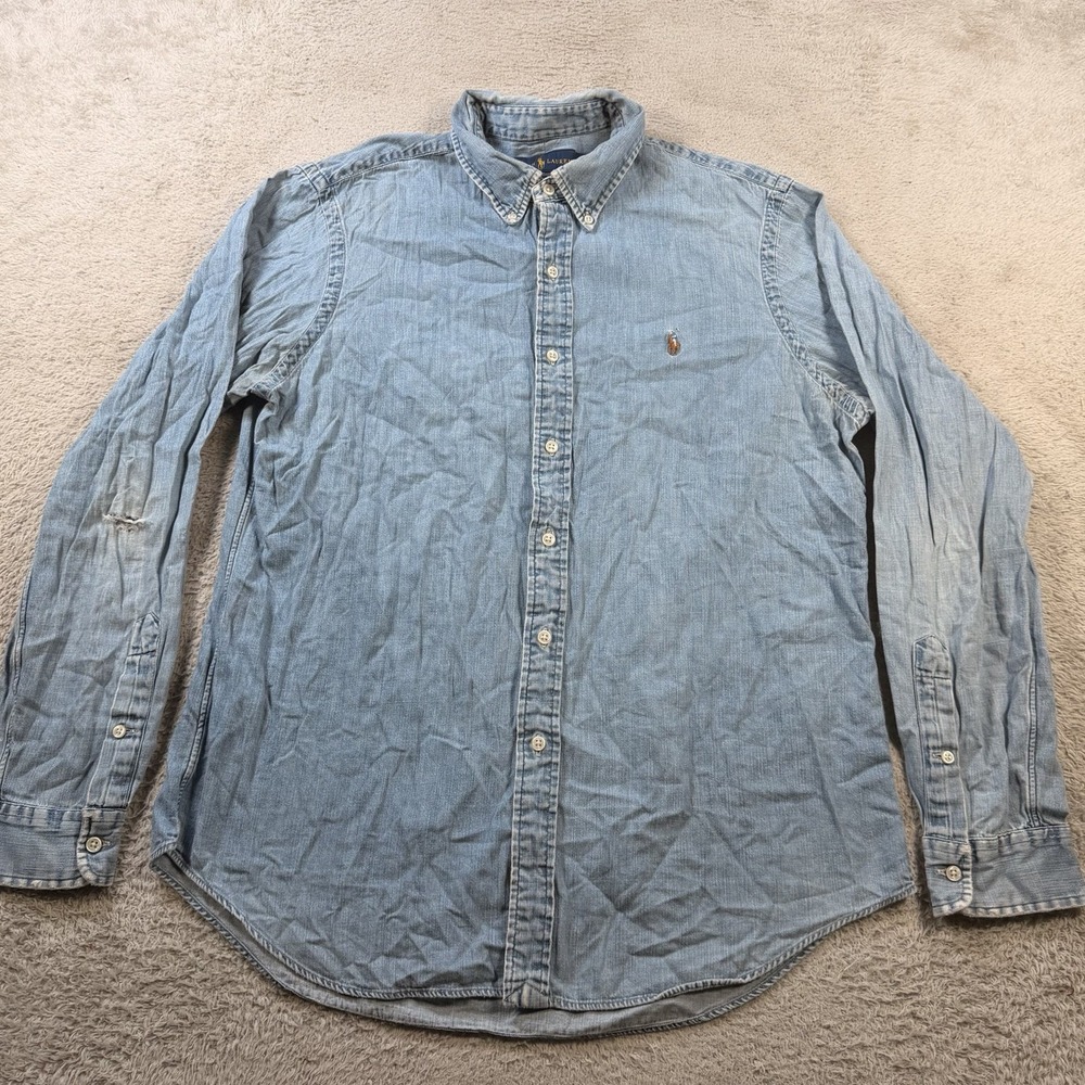 Polo Ralph Lauren Shirt Mens Large Blue Denim Button Down Flesh Pony Long Sleeve